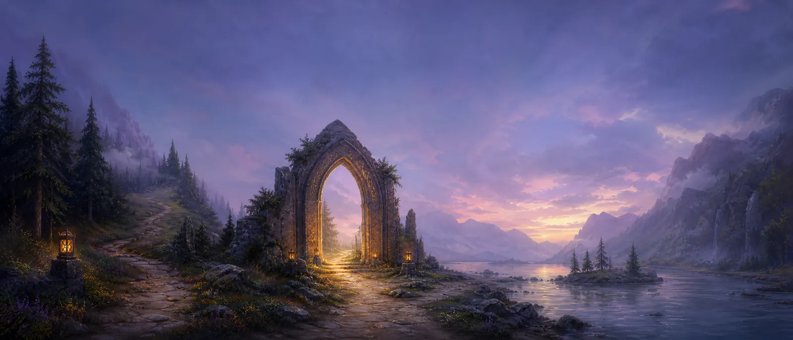 An ancient stone archway at a forest crossroads under a twilight sky