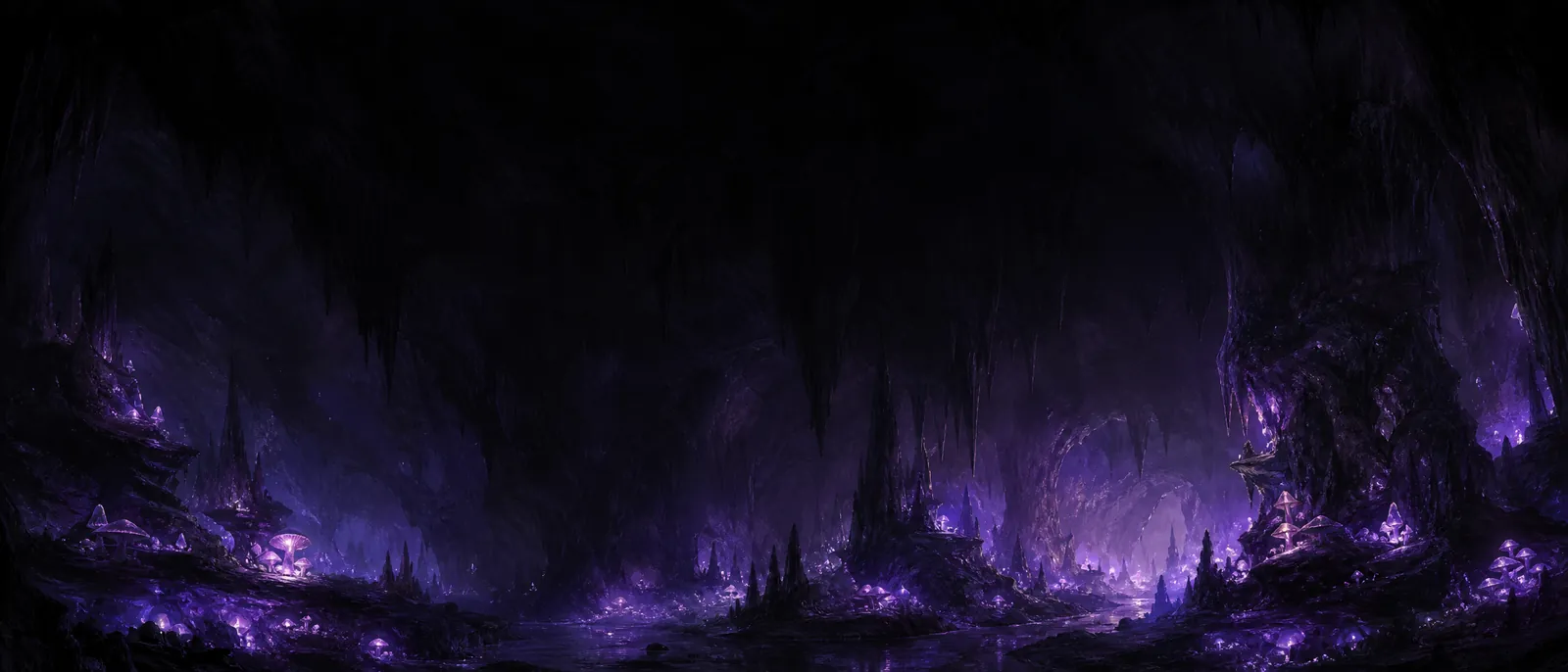A bioluminescent underground cavern glowing with violet fungus