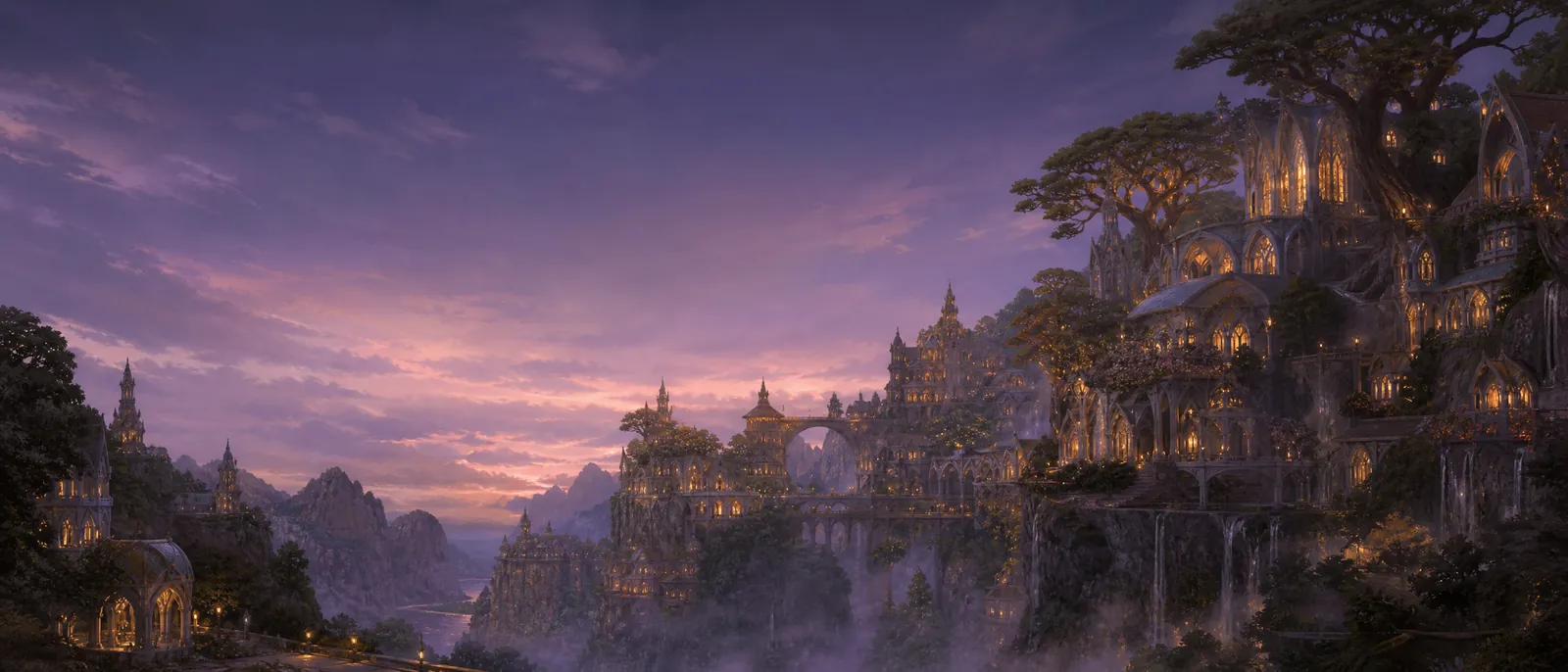 An elven settlement built into cliffside terraces at dusk
