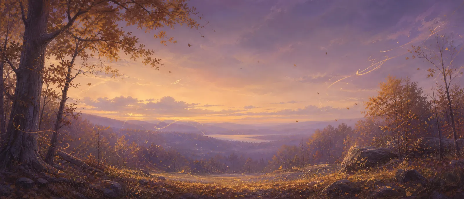 An autumn forest clearing with soft glowing light patterns