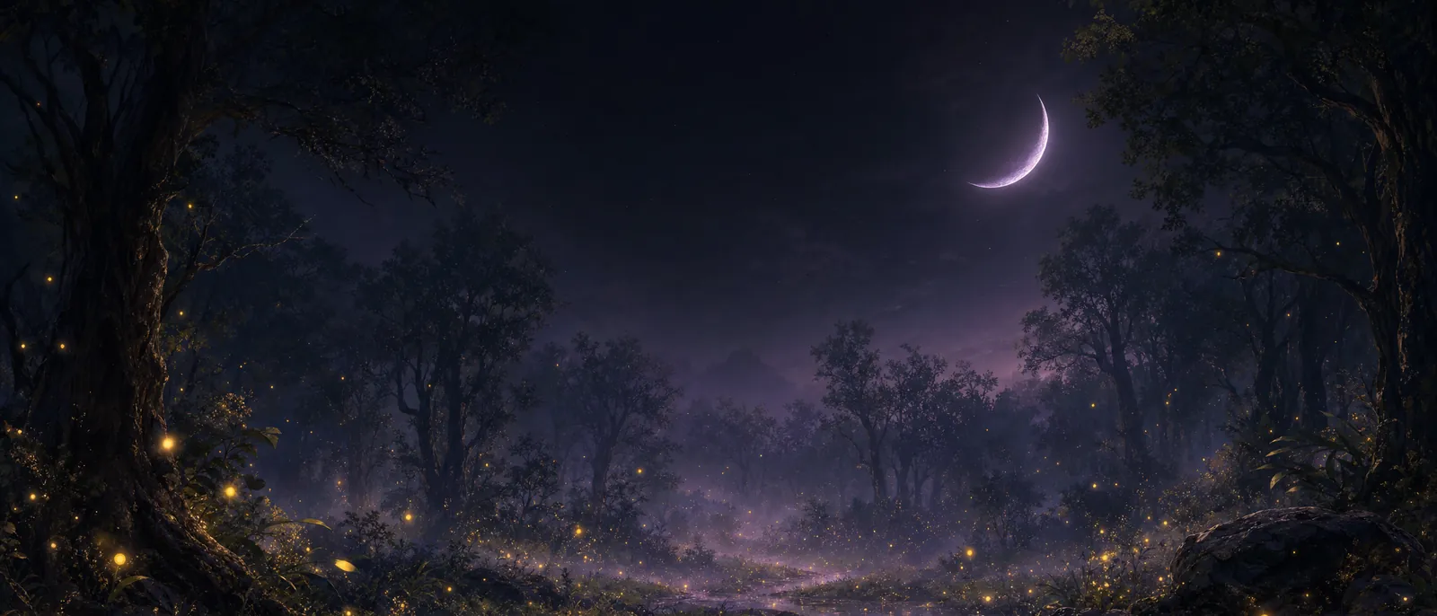 A moonlit forest clearing with fireflies drifting through the trees