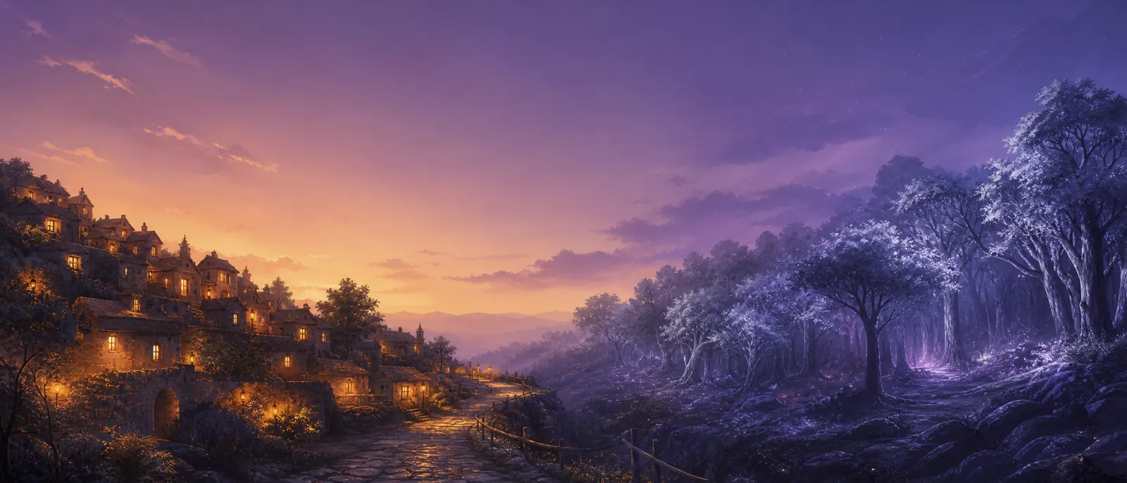 A village at the edge of a glowing forest at dusk