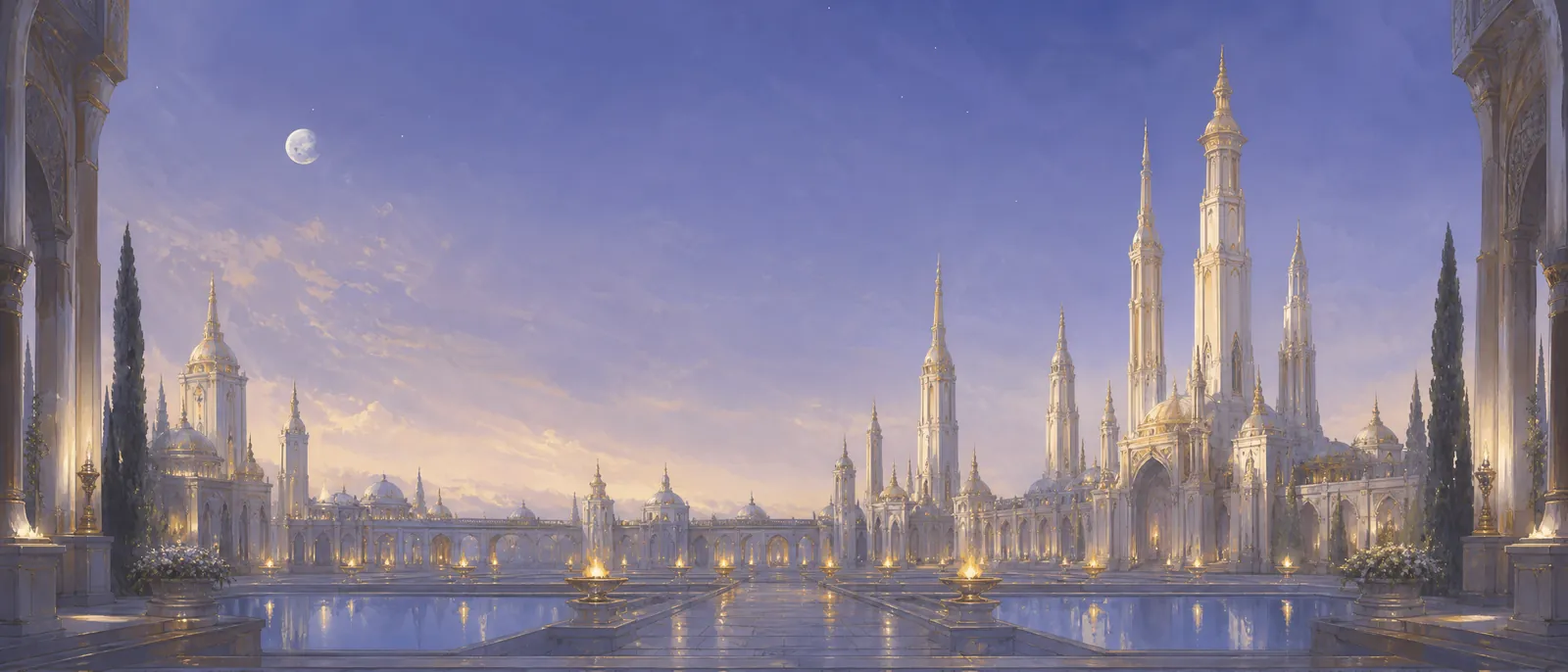 Tall ivory spires rising above a grand courtyard at twilight