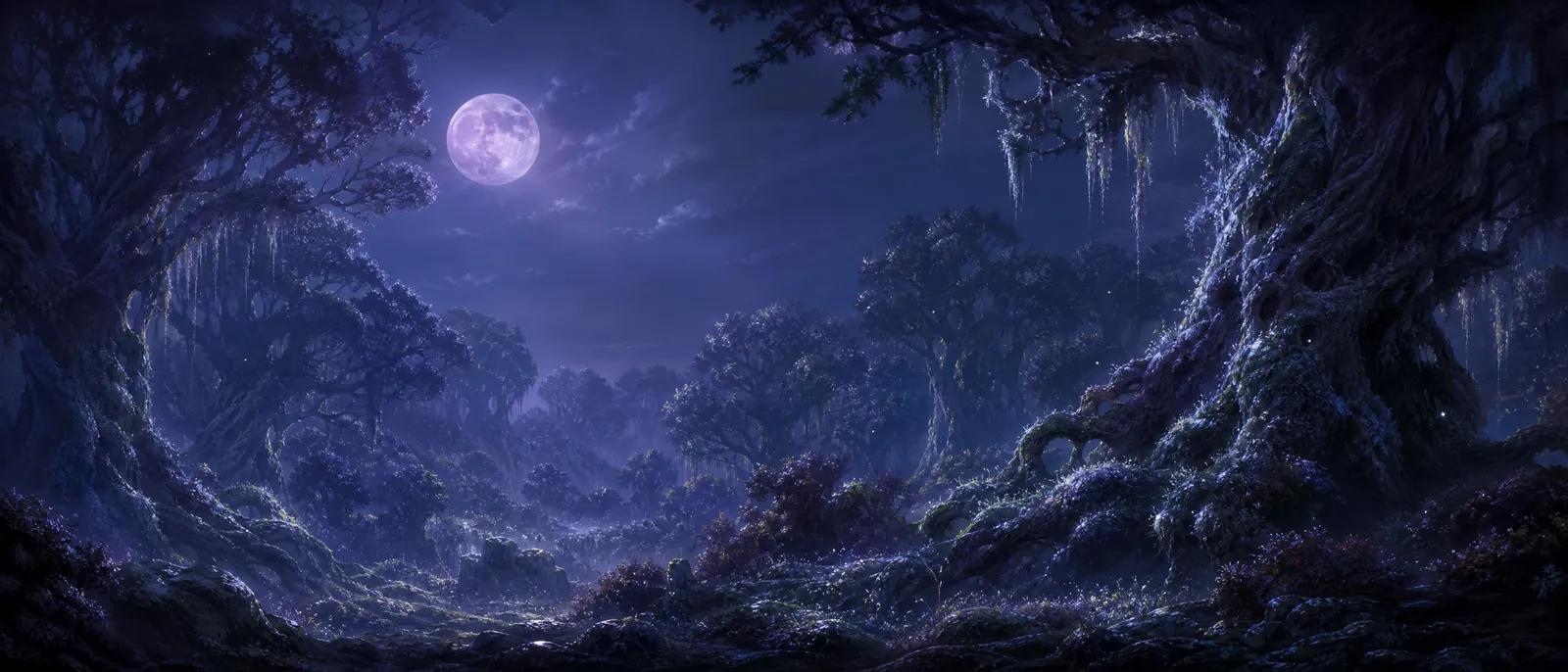 An ancient moonlit forest with a glowing full moon