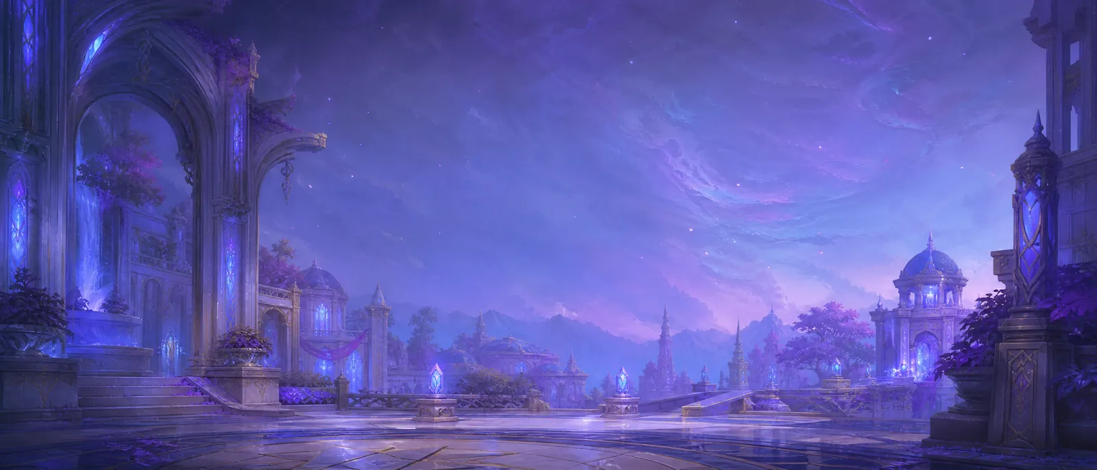 An opulent arcane courtyard glowing with violet-blue magic