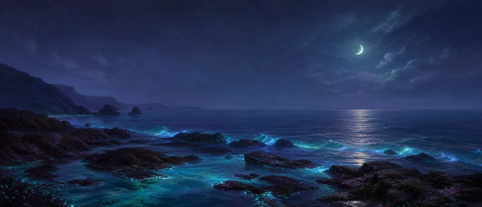 A moonlit rocky coastline with bioluminescent waves